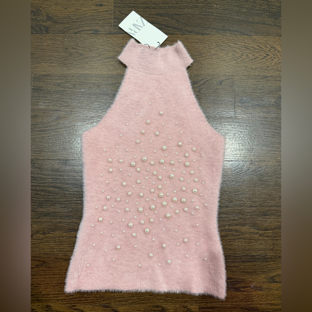 Zara Soft Pink Knit Top with Pearl Details